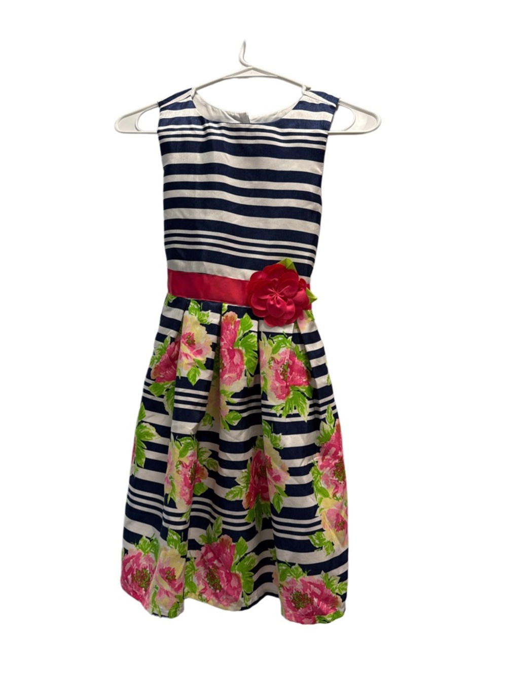 Jona Michelle Navy & White striped Pink Floral Sash Dress